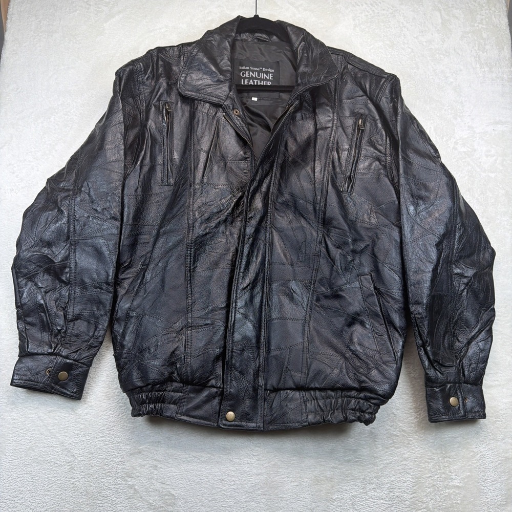 Vintage Navarre Leather Jacket Mens L Black Italian Stone Bomber 80s 90s